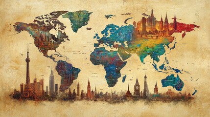 Naklejka premium A world map with various landmarks highlighted, capturing the essence of global travel. Ample space for messages.