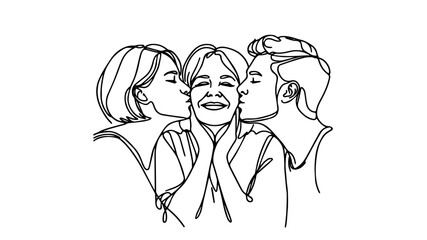 Two adults kissing their mother on cheeks line art illustration