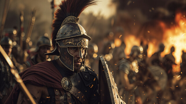 Roman centurion in battle armor, surrounded by soldiers and flames. Dramatic scene depicting ancient warfare with intricate details of helmets, shields, and weaponry