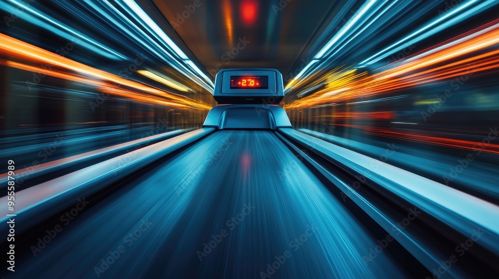 Poster abstract close-up of a treadmill with motion blur, capturing the intensity of exercise with a dynami