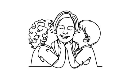 Two children kissing their mother one line drawing