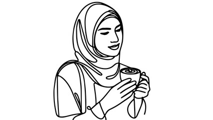 woman in hijab holding a cup of coffee vector line art