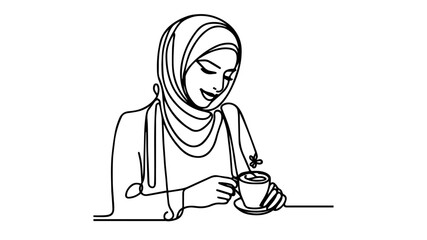 woman in hijab coffee cup one line art vector