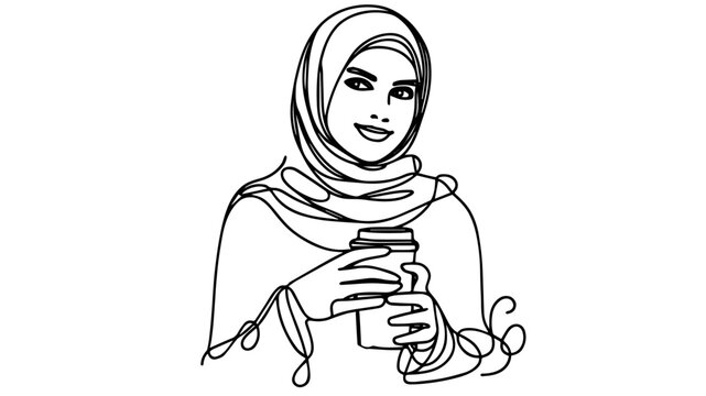 recommend clip art: woman in hijab coffee cup line art