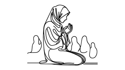 woman in hijab praying single line drawing vector