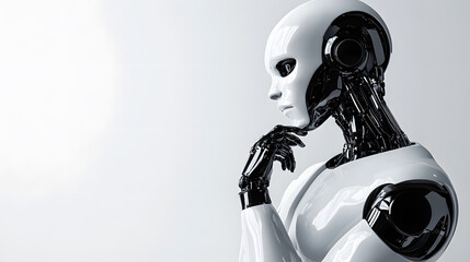Thinking humanoid robot side view with white copy space for text, isolated on white background.