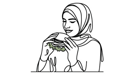 woman wearing hijab eating a burger one line art