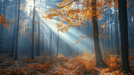 Fototapeta premium Morning sunrays in late autumn forest. Beautiful fall landscape, trees with leaves in autumn colors. Laeves on the ground. Natural light. Sunbeams in autumn forest. Background poster, autumn mockup.