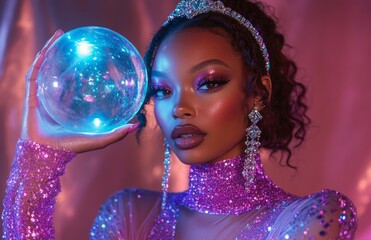 Naklejka premium A stunning woman with brown skin in a shimmering purple-pink top, holding a glowing blue crystal ball