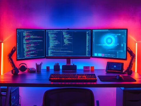 Neon Infused Digital Workspace Showcasing Web Design and Coding Essentials