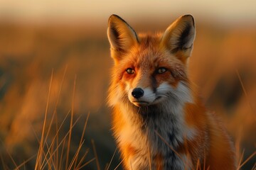 Fototapeta premium Red fox in a field of dry grass at sunset. Portrait of a wild fox 