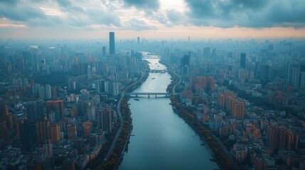 Naklejka premium Modern cityscape with river flowing through center at sunset