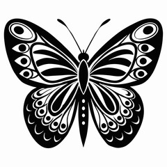 Elegant black and white illustration of a butterfly featuring intricate patterns and designs
