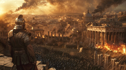 Plakat Roman soldier observes city ablaze from hilltop. Vast army assembles below as iconic structures burn. Dramatic sunset for a widespread destruction across ancient metropolis. Downfall of a civilization