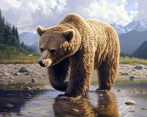 Obraz premium Brown Bear Fishing for Salmon at Pack Creek Beach, Southeast Alaska