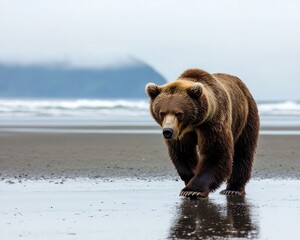 Obraz premium Pack Creek Alaska. Encounter with Wild Brown Bear Fishing for Salmon