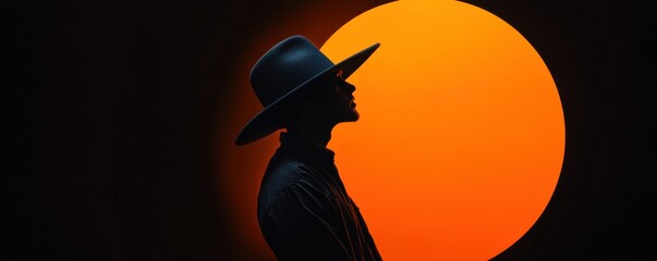 Surreal minimalist photography featuring a silhouetted man in a wide-brimmed hat set against a bold, vivid orange round backdrop, creating a mysterious and intriguing atmosphere.