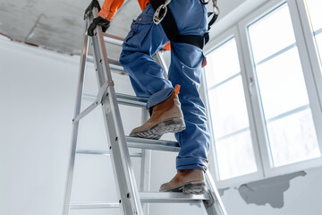 Construction worker in safety gear climbing a ladder indoors, emphasizing secure work practices and attention to safety