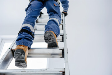 Construction worker climbing a ladder in safety gear, showcasing focus on protective clothing and secure work environment