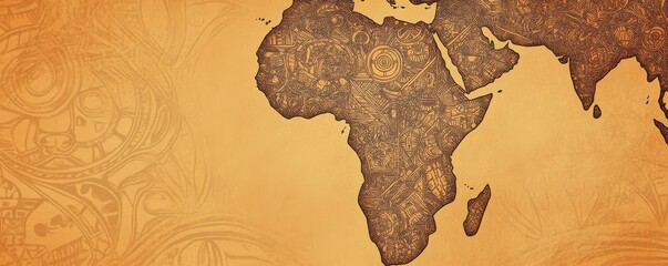Minimalist wallpaper showcasing an intricate map of Africa with detailed patterns and textures, highlighting the continent's cultural richness and artistic expression against a warm, earthy background