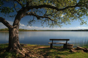 Fototapeta premium Grand Lake Oklahoma. Serene Lake Landscape with Trees and Nature Outdoors
