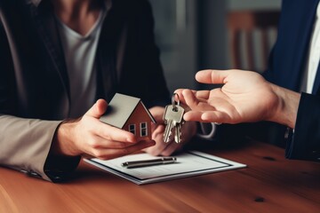 Cropped close up view happy couple receiving keys from new own property, finish meeting in real estate agency lead by realtor in formal suit. Bank mortgage for young family, selling, renting concept
