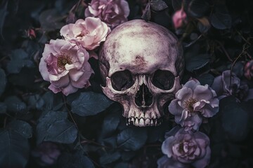 Beauty in Decay: A Serene Encounter of Roses andHuman Skull Under Moonlight