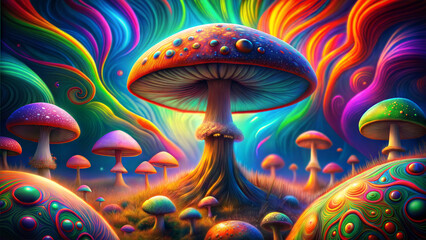 Psychedelic mushrooms in vibrant colors with swirling patterns and surreal forest background