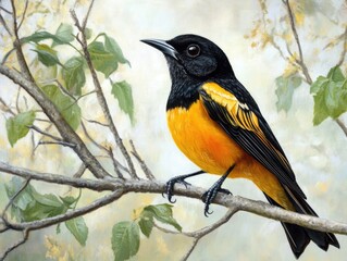 Bullocks Oriole. Avian Beauty: Close-up of Blackbird on Tree Branch in Backyard