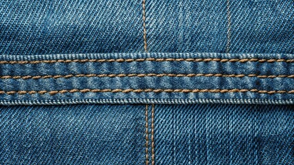 Close-up textured denim fabric with stitching in blue for fashion design and textile backgrounds copy space