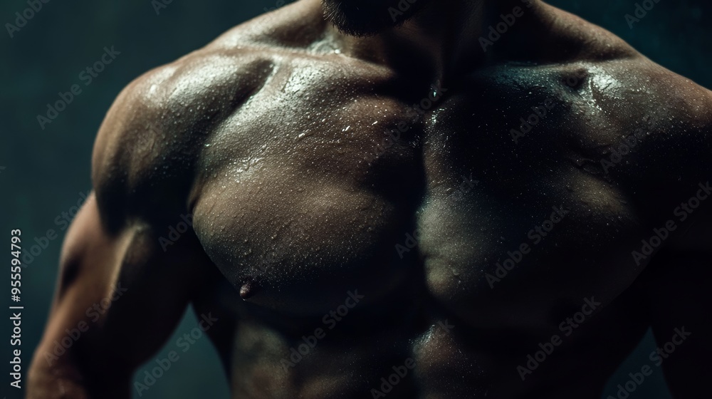 Wall mural close up of a muscular man posing against a dark background showcasing strength and definition.