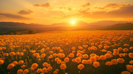 A marigold field at sunset exudes a magical nature.