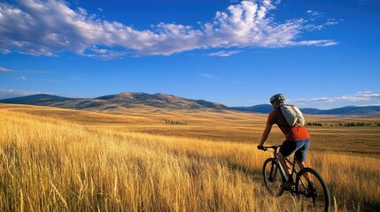 Obraz premium Male Mountain Biker Taking a Break at Mt. Sentinel, Missoula, MT in Casual Clothes