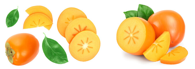 persimmon fruit with slices isolated on white background. Top view. Flat lay pattern