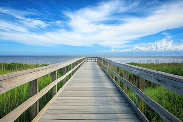 Obraz premium Nc Sc. Serene Waterfront Park Boardwalk at North Carolina's Southport beach