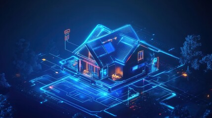 A futuristic house illuminated with neon lights and digital overlays, showcasing modern architectural design at night