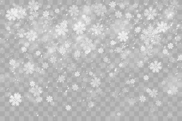 Christmas snowflakes on a transparent background. Snow flakes, snow background. Heavy snowfall, snowflakes in different shapes and forms.