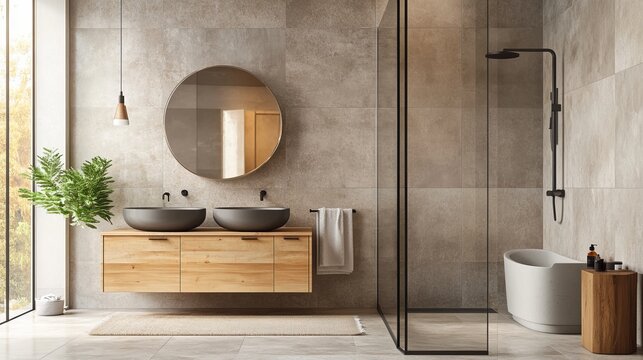 Modern, minimalist and bright bathroom with wooden furniture, gray and beige stone tiles and a glass shower cabin. Interior design concept and bathroom enjoyment view