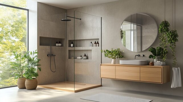 Modern, minimalist and bright bathroom with wooden furniture, gray and beige stone tiles and a glass shower cabin. Interior design concept and bathroom enjoyment view