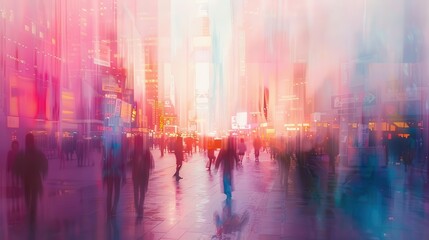 Fototapeta premium ethereal cityscape with blurred silhouettes of diverse people awash in soft neon hues creating an atmospheric urban dreamscape reminiscent of a bustling metropolis at twilight