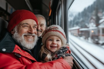 A joyful moment shared between a grandfather and his granddaughter as they travel by train through a picturesque winter landscape