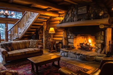 Cozy Warmth ofRustic Log Cabin InteriorInviting Fireplace Ambiance