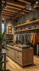 Interior of a cozy clothing store with wooden shelves and warm lighting