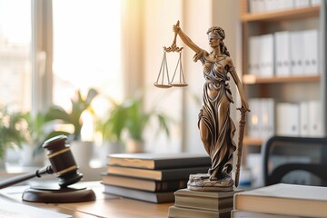 Lady Justice statue, gavel, and law books on a bright legal office desk, symbolizing justice, balance, and legal authority in a professional setting