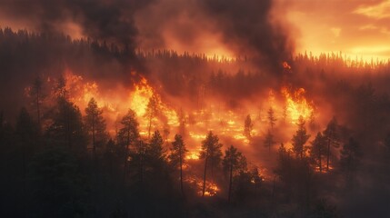Naklejka premium Inferno of Global Warming: A Forest Engulfed in Flames, Thick Smoke Billowing into the Sky, Highlighting the Destructive Impact of Wildfires