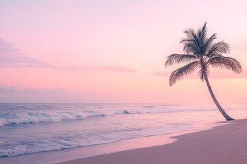 Serene Sunset BeachGentle Waves andLone Palm Tree Evoking Relaxation and Tranquility