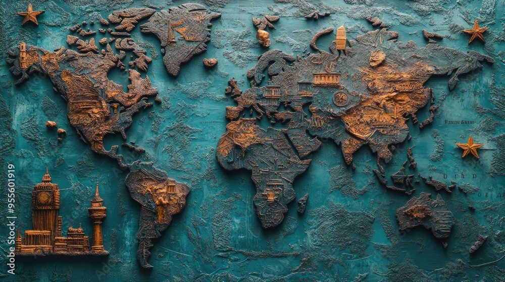 Poster an artistic world map with abstract travel elements, creating a visually appealing backdrop for trav