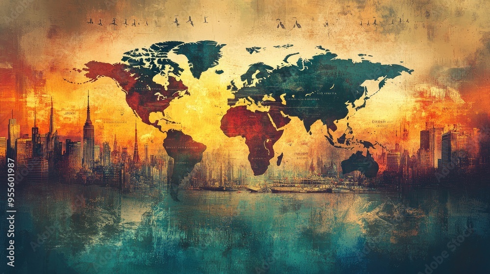 Fototapete an artistic world map with abstract travel elements, creating a visually appealing backdrop for trav