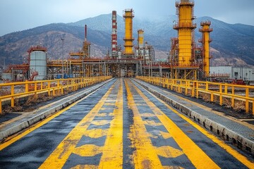 Yellow Striped Path Leading to Industrial Complex Against a Mountain Background