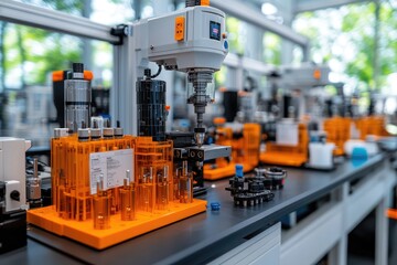 Fototapeta premium Industrial Automation Machinery with Orange and Black Components